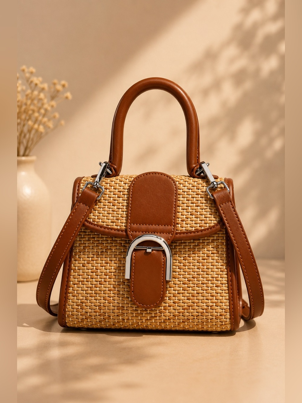 Woven Straw Mini Satchel Bag – Brown Crossbody Top Handle Handbag